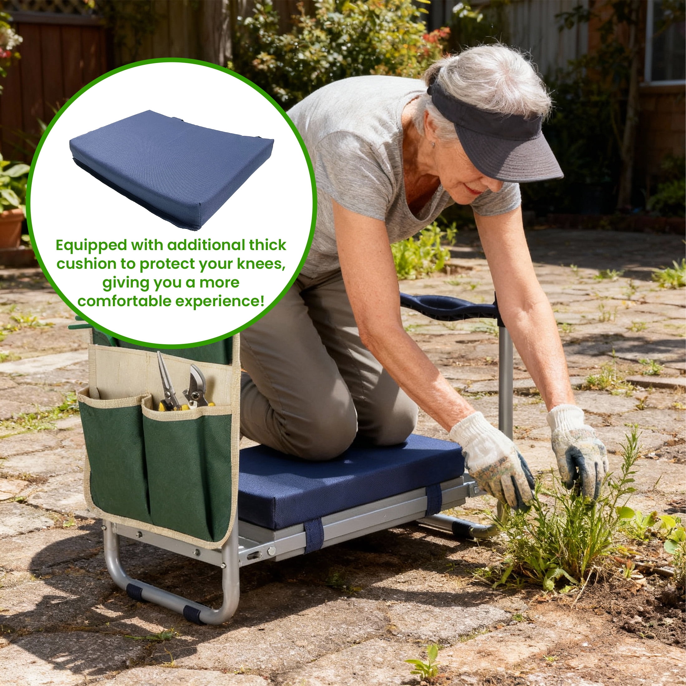 ORFELD 2-in-1 Garden Kneeler and Seat, Equipped with a Large Garden Tool Bag and a Pair of Claw Gloves,Portable Lightweight Bench Thicken Eva Foam Pad Sturdy Steel Pipe Practical Garden Tools(Green)