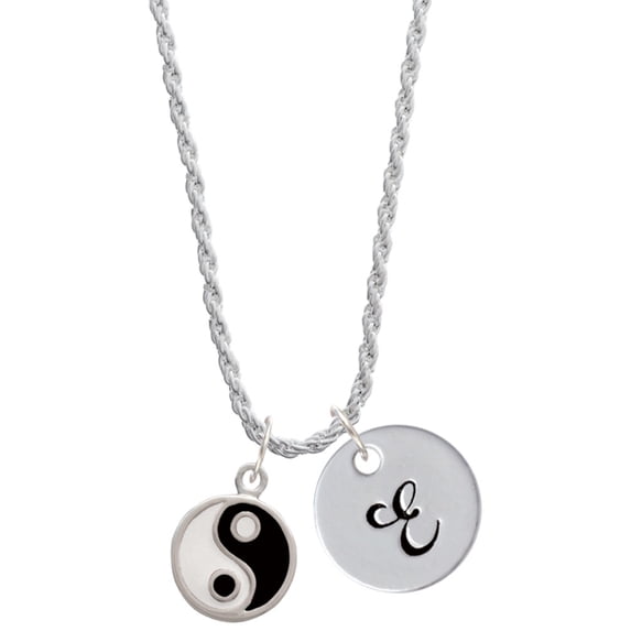 Delight Jewelry Silvertone Enamel Yin and Yang Silvertone Script Initial Disc - E - Charm Necklace, 20"+3"