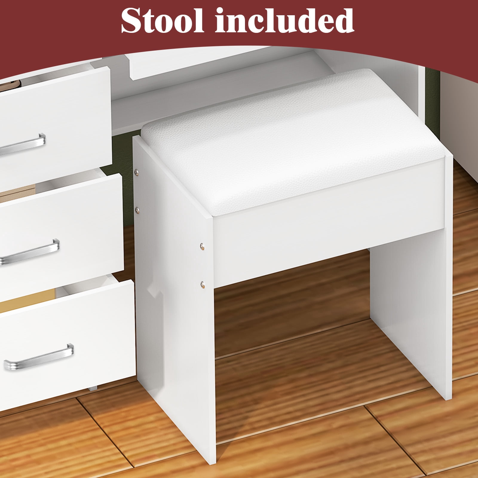 Caulitar Modern Makeup Vanity Set with Lights and Mirror, Vanity Desk with 6-Drawers and Stool, White
