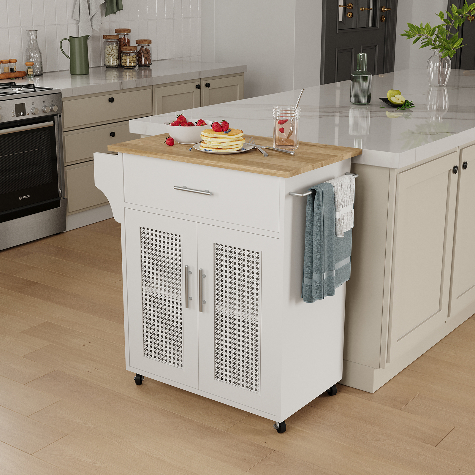 Kitchen Island with Storage, 31" Rolling Kitchen Island on Wheels with Solid Wood Countertop, Kitchen Cart with Rattan Storage Cabinet, Spice Rack, Towel Rack and Drawers, White