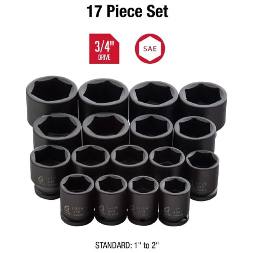 17 Piece 3/4" Drive 6 Point SAE Heavy Duty Impact Socket Set