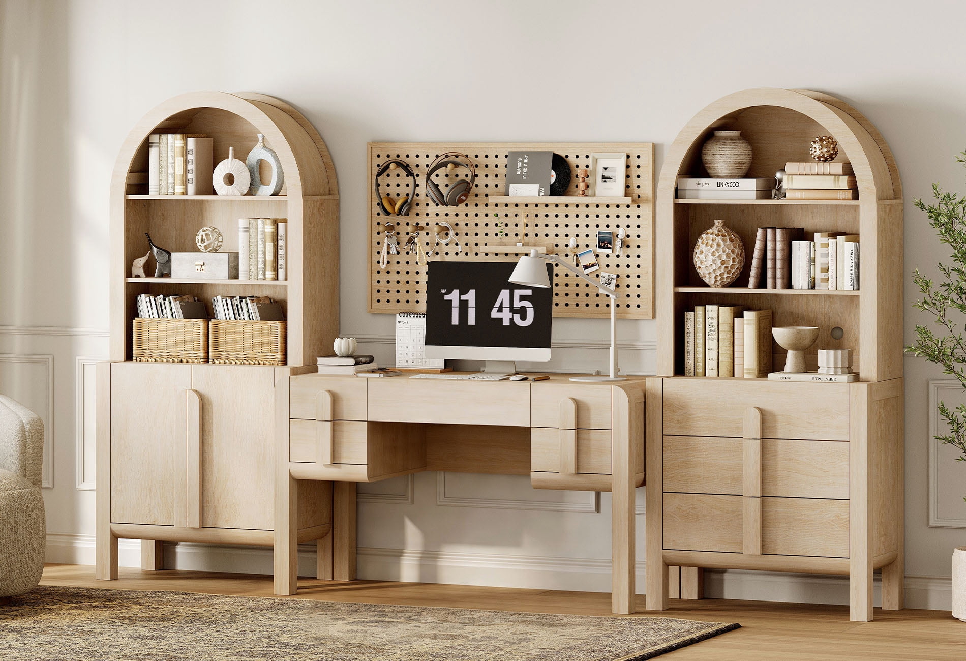 Home Office Set, 53.5" Modern Executive Desk with Charging Station and Drawers & 2 Piece 71"H Tall 3-Tier Arched Bookcases with Open Storage for Living Room, Bedroom, Home Office