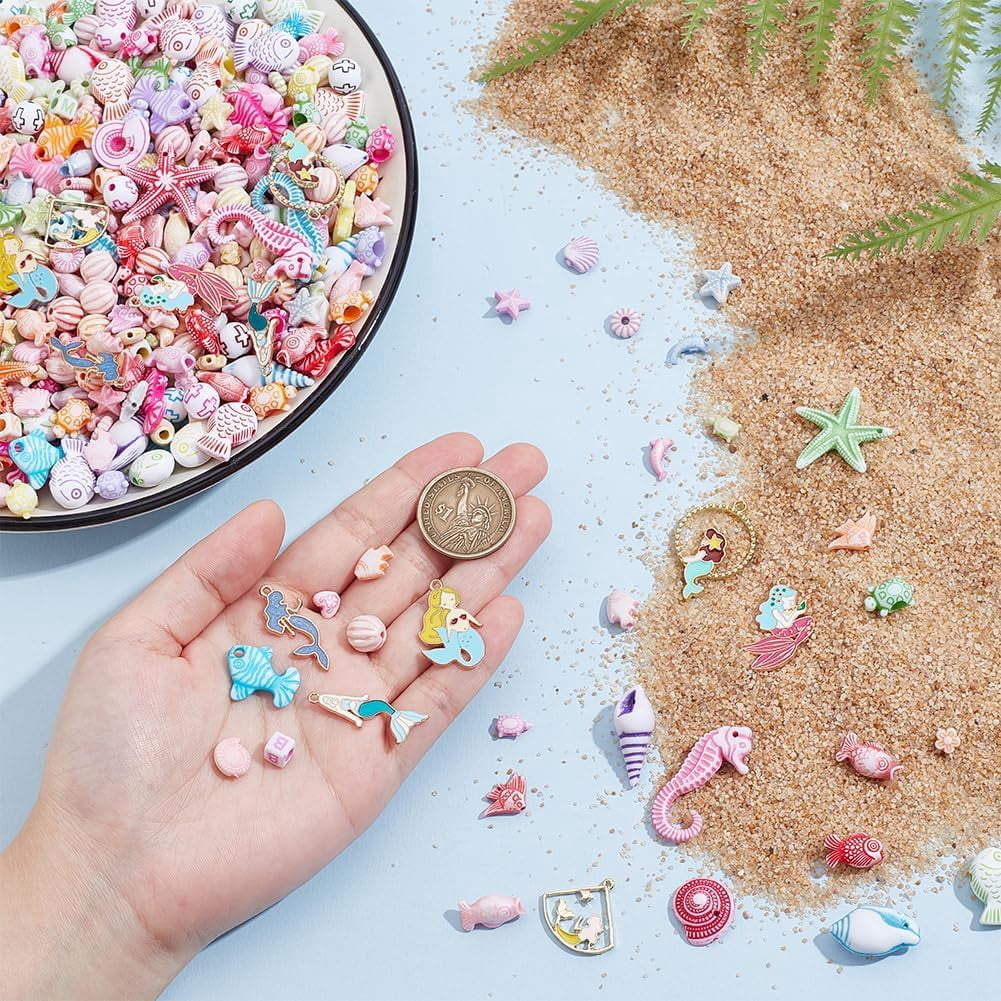 PH 900pcs 25 Styles Ocean Jewelry Making Kit Starfish Seashell Beads Turtle Fish Beads Beads Charms Heart Round Flower Spacer Beads for DIY Jewelry Making Bracelet Earring Necklace colorful