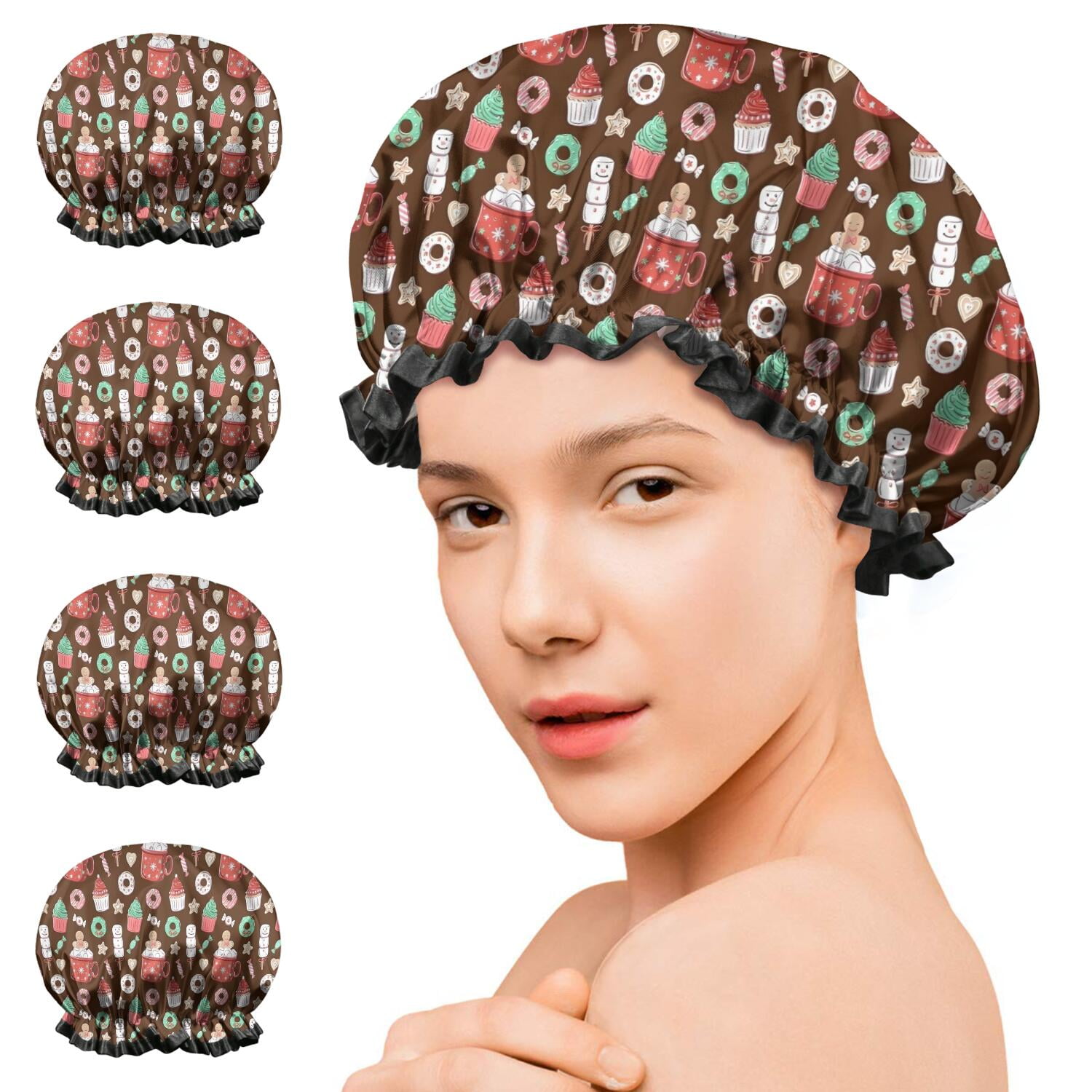 Shower Caps,Brown Christmas Dessert Pattern Waterproof Shower Cap for Women 4 Pieces,Double Reusable Hair Cover for Shower PEVA Elastic Stretch Hem
