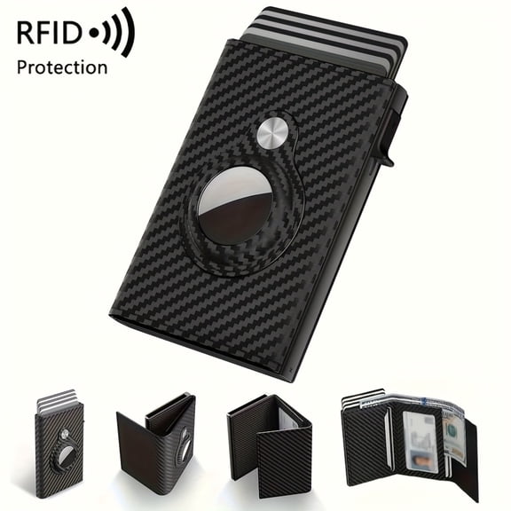RFID Blocking Pop-Up Wallet for Men with AirTag Holder, Carbon Fiber Tri-Fold Credit Card Holder with Money Clip, Slim Front Pocket Minimalist Wallet with ID Window