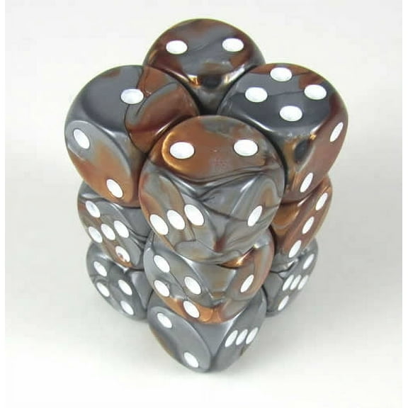 Copper and Steel Gemini Dice with White Pips D6 16mm (5/8in) Pack of 12 Chessex
