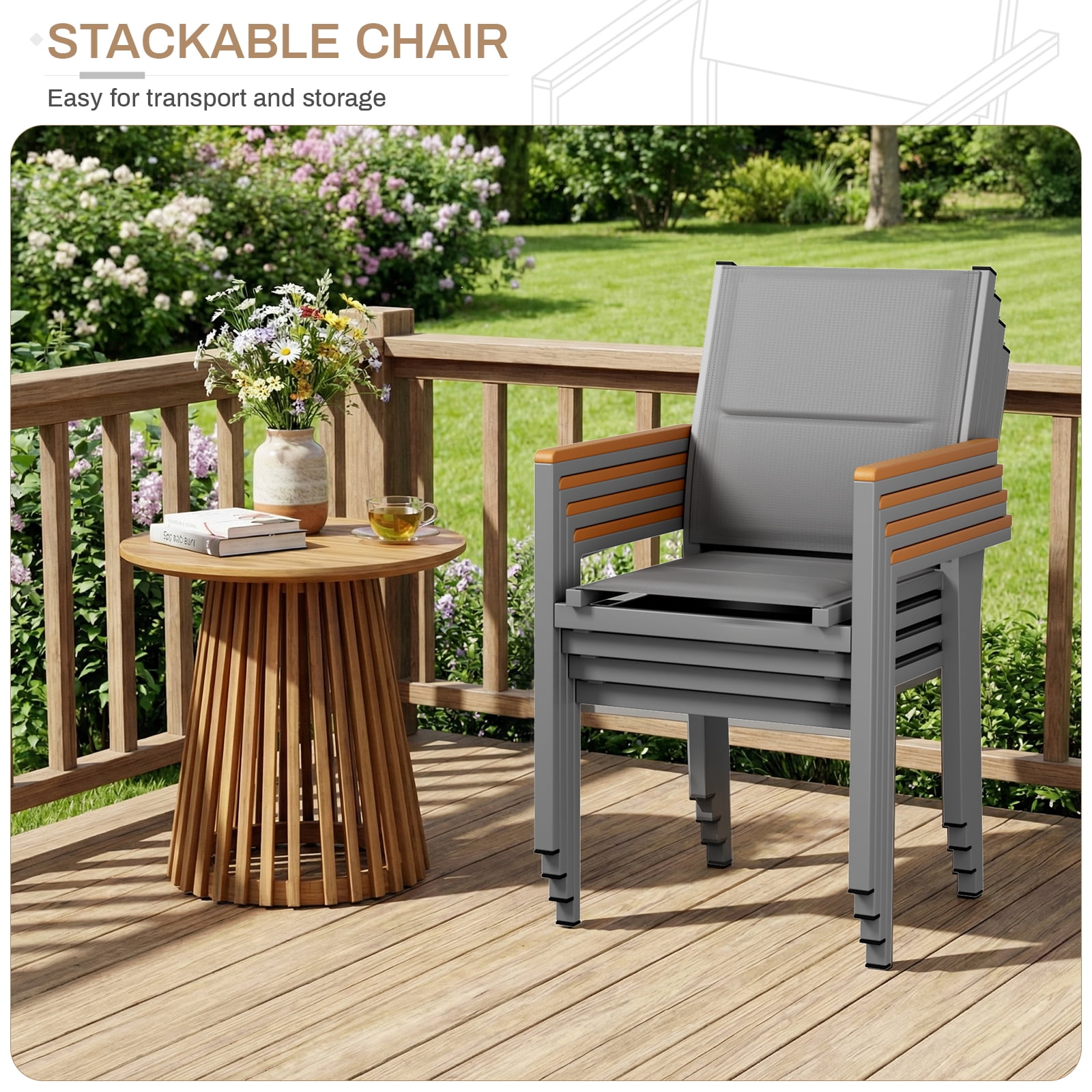 LIFERUN Patio Chairs Set of 4, Stackable Aluminum Outdoor Chair with Quilted Textilene & WPC Handrail, 17" Seat Height, All Weather Chair for Patio, Balcony, Poolside & Restaurants, Gray