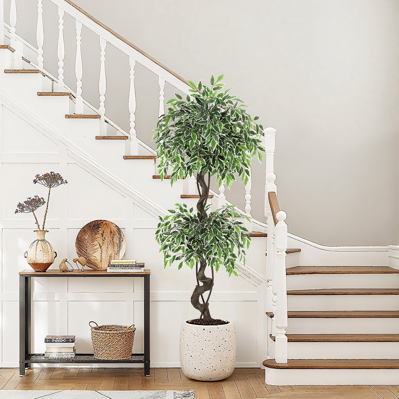 Lifelike Artificial Ficus Tree – Real Wood Trunk, White Ceramic Planter, Decorative Pebbles & Green Moss, Low Maintenance Faux Indoor/Outdoor Floor Plant for Home or Office – 150cm