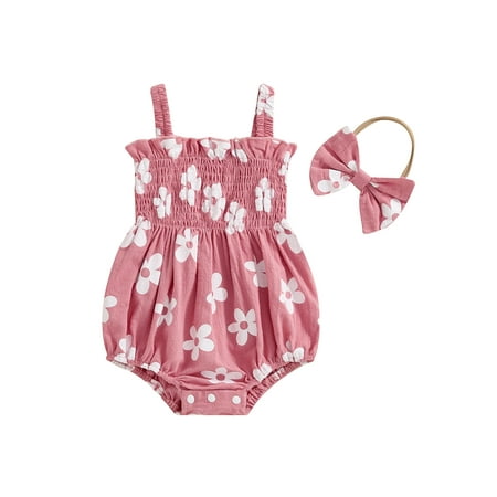 

ESASSALY Newborn Girl Outfit Flower Print Pleated Sleeveless Romper Hairband