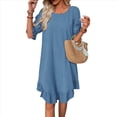 thumbnail image 3 of Vestido Corto Holgado con Mangas Abullonadas, Bajo con Volantes, Cuello Redondo y Fruncido, Color Azul Pavo Real XL, 3 of 10