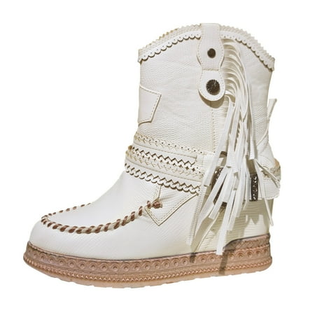 

TAIAOJING Women Boots Vintage Fringed Western Cowboy Boots Solid Color Slip On Boots Outdoor Heel Booties Fashion Shoes