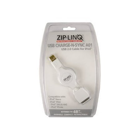Zip-Linq - USB cable - USB (M) - USB 2.0 - 4 ft - retractable - white - for Apple iPod (3G, 4G, 5G); iPod mini