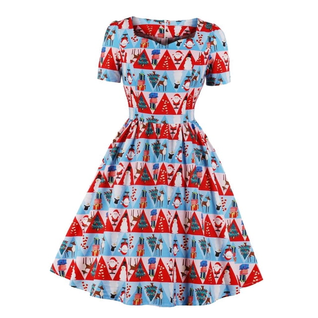 Vestido De Línea Manga Corta Mujeres Fiesta Impresión Santa Gran Sensación Suave Transpirable De Piel SG Baoblaze Vestidos de Navidad para mujeres