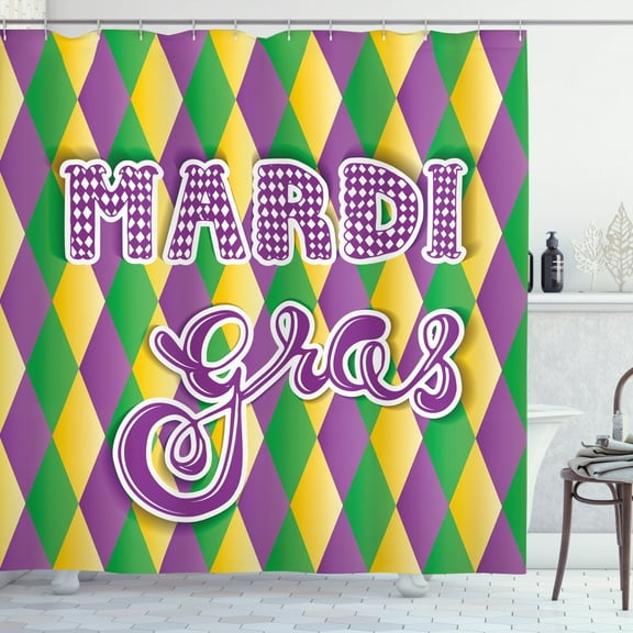 Ambesonne Mardi Gras Shower Curtain, Word on Diamond Backdrop, 69"Wx70"L, Fern Green Marigold