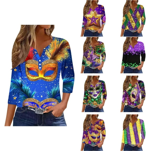 Cadancy Mardi Gras Shirts for Women 3/4 Sleeve Button V Neck Tunic Pullover Tops Glitter Holiday Rave Party Trendy Blouse Casual Loose Carnival Outfits