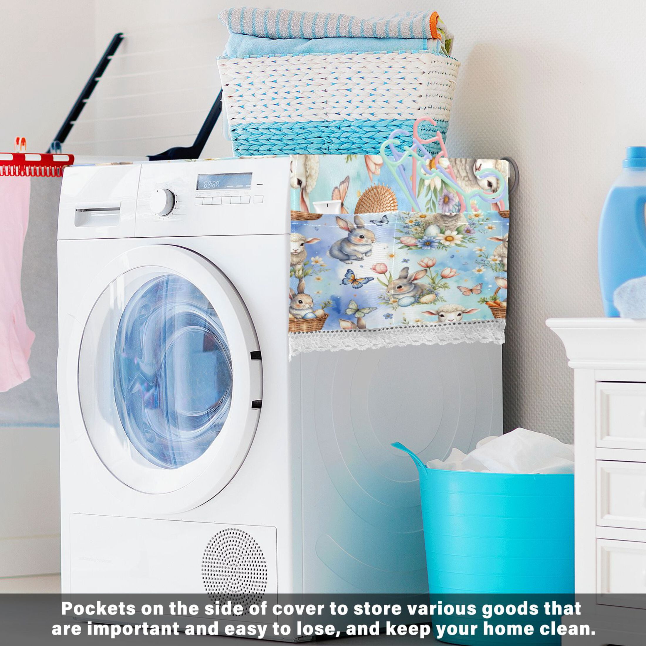 Wobogo Rabbit and Sheep Washing Machine Cover Dustproof Washer Dryer Cover Waterproof Laundry Room Decorative Protector