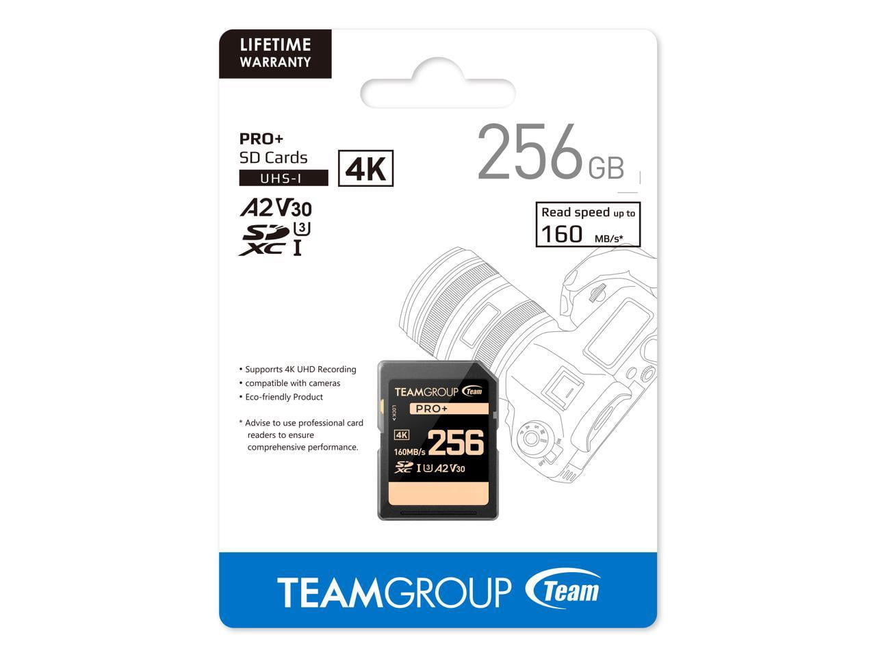Team Group 256GB PRO+ SDXC U3 V30 A2 4K SD Card, Read/Write Speed Up to 160/90MB/s (TPPSDX256GIA2V3001)