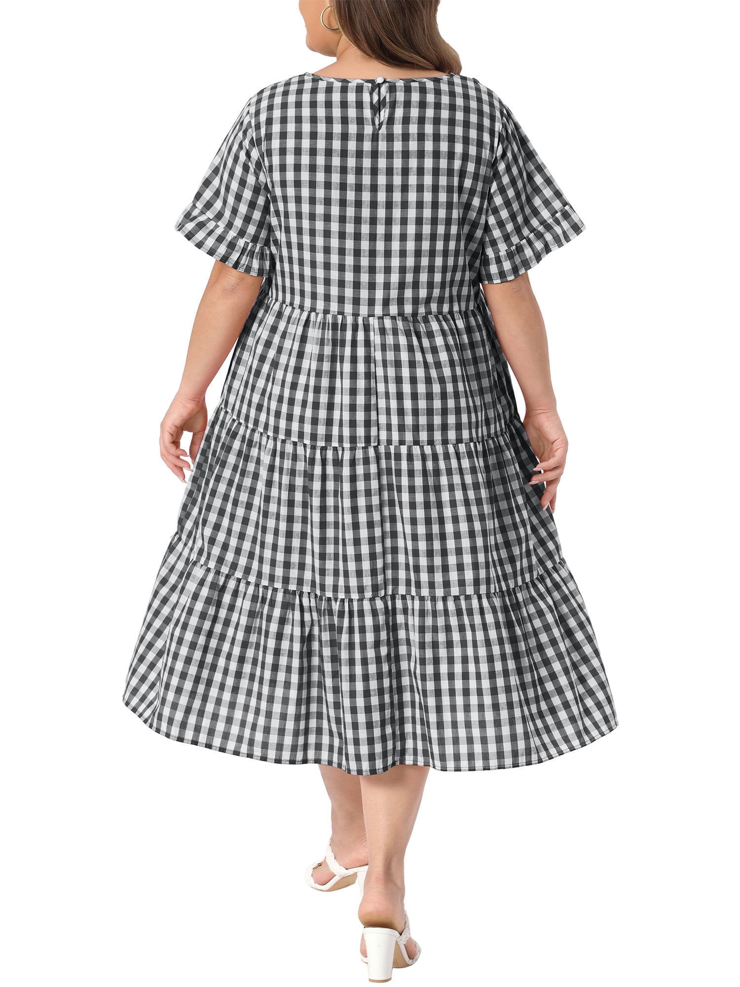 DARING DIVA Women's Plus Gingham Plaid Round Neck Dress 3X Black