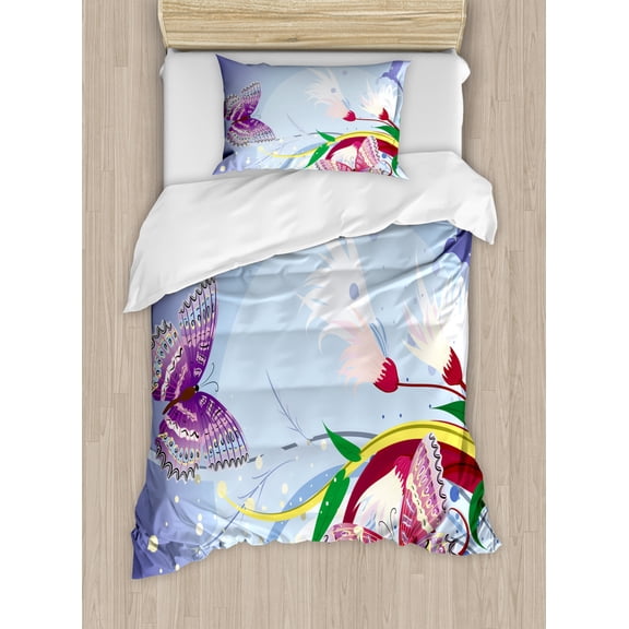 Floral Duvet Cover Set Twin Size, Fantasy Themed Graphic Flowers Butterflies and a Bird Colorful Artistic Composition, Decorative 2 Piece Bedding Set with 1 Pillow Sham, Multicolor, by Ambesonne