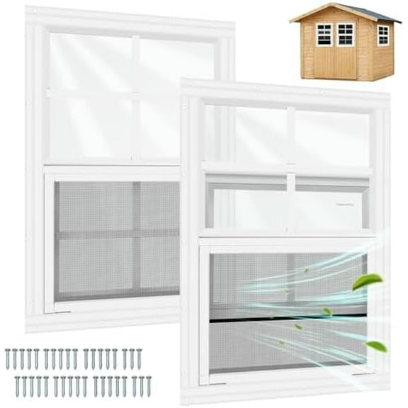 Shed Window with Tempered Glass, 2 Pack Flush Mount Windows for Sheds, Chicken Coops, Garage and Playhouse (White)