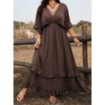 thumbnail image 6 of Coffee Brown Plus Size Casual Vacation Tie Front Ruffle Maxi Dress With V-Neck And Flared Sleeves, Spring Summer, 6 of 7