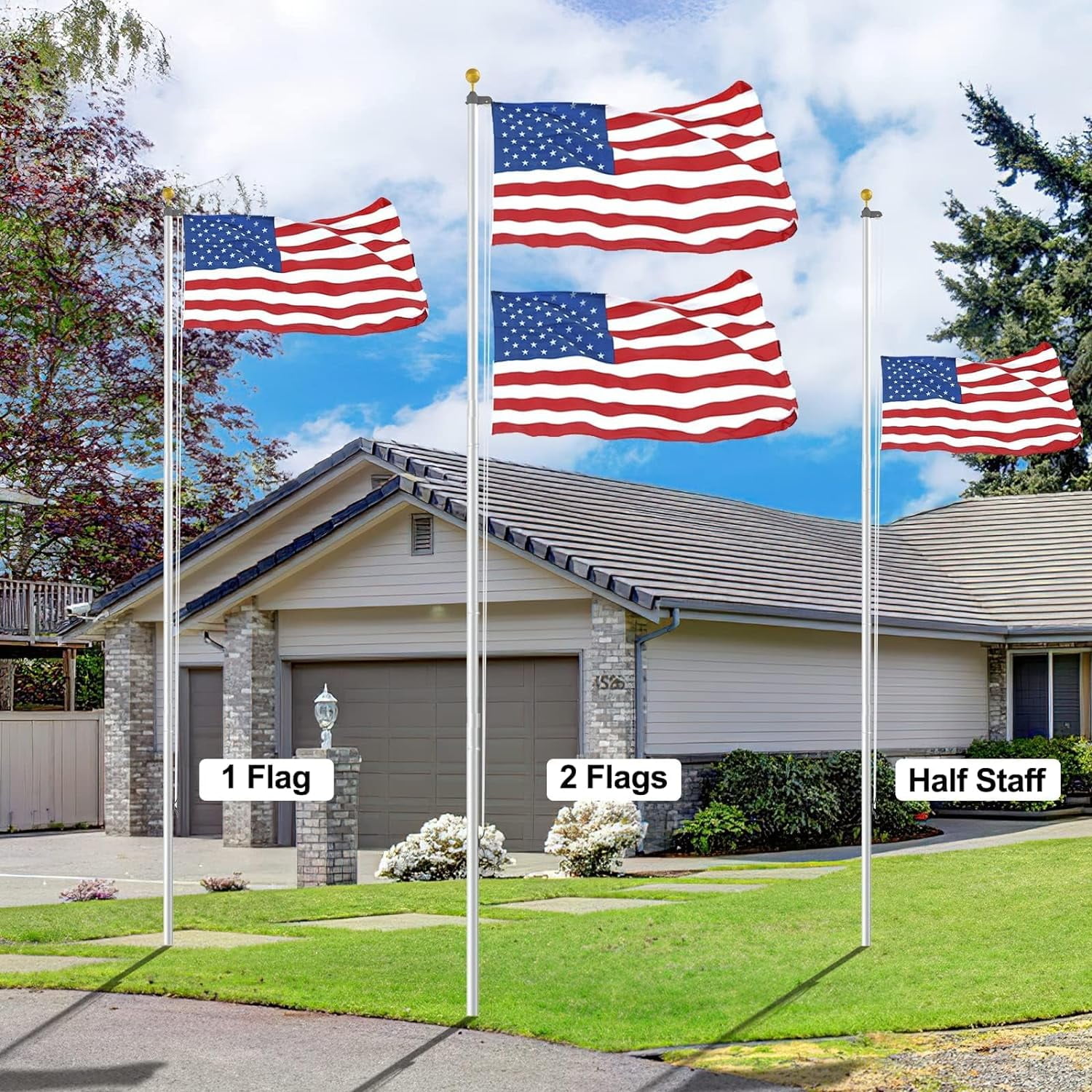 14 Gauge Flag Pole for Outside In Ground - 20 FT Heavy Duty Flagpole Kit for Yard - Extra Thick Outdoor Flag Poles with 3x5 American Flag for Residential or Commercial, Silver