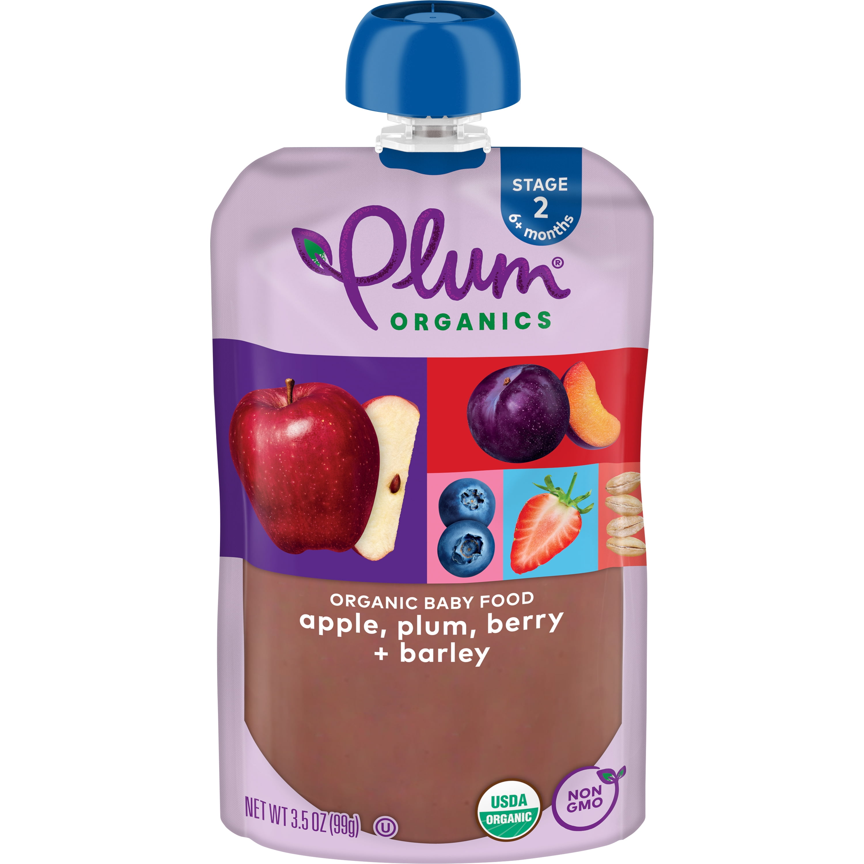 Plum Organics Stage 2 Organic Baby Food, Apple, Plum, Berry, Barley, 3.5 oz Pouch- Case of 12