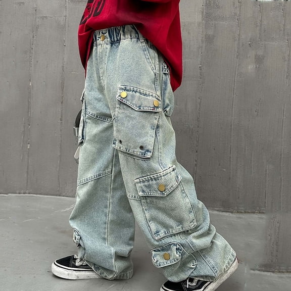 SGFCWSX Boys Jeans Multi Pockets Cargo Pants Loose Fit Wide Leg Elastic Waist Trousers for Kids Light Blue Size 12 Years