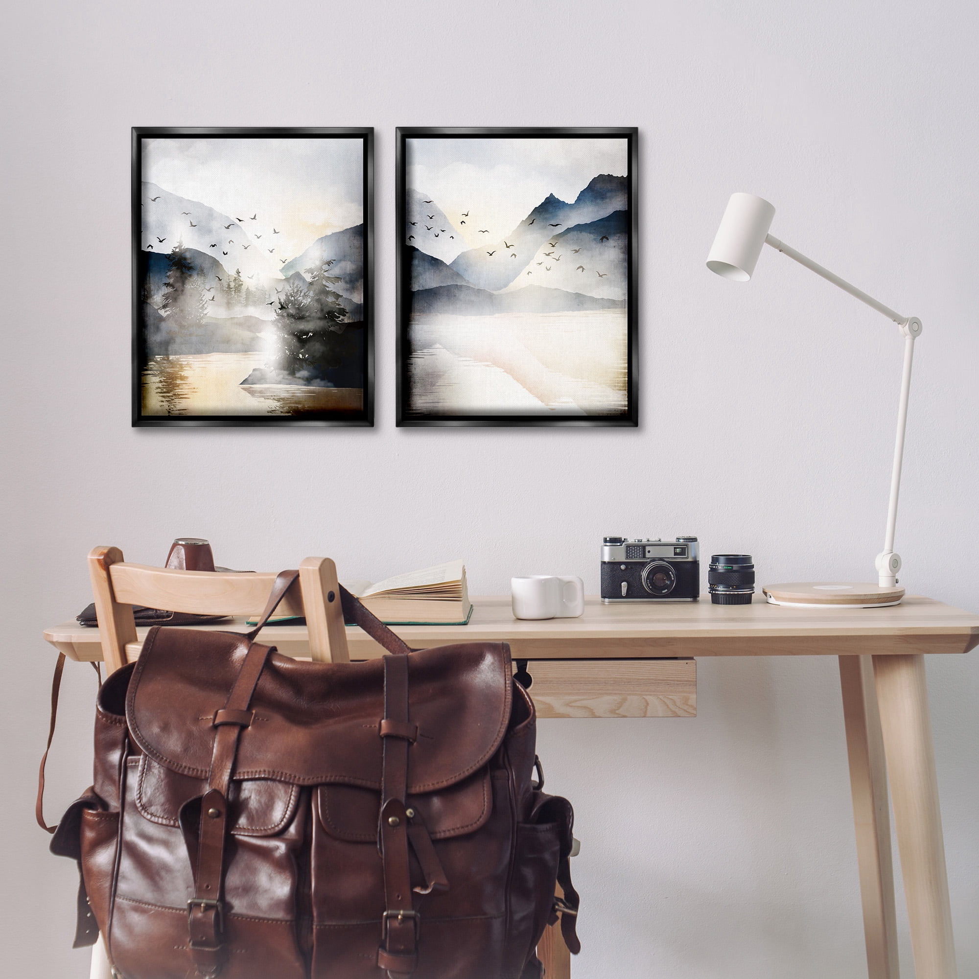 Stupell Industries Sunlit Birds Over Lake Landscape Landscape Painting Black Floater Framed Canvas Art Print Wall Art, 17 x 21, Set of 2