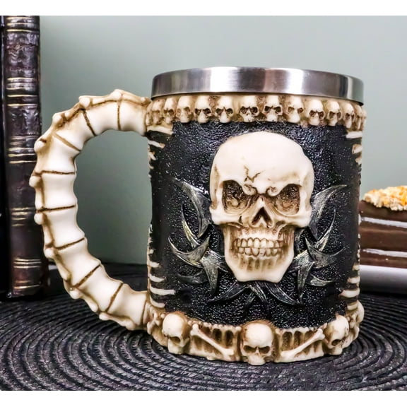 Ebros Evil Grinning Tribal Skull Tankard With Skulls Skeletal Spine Bones Handle