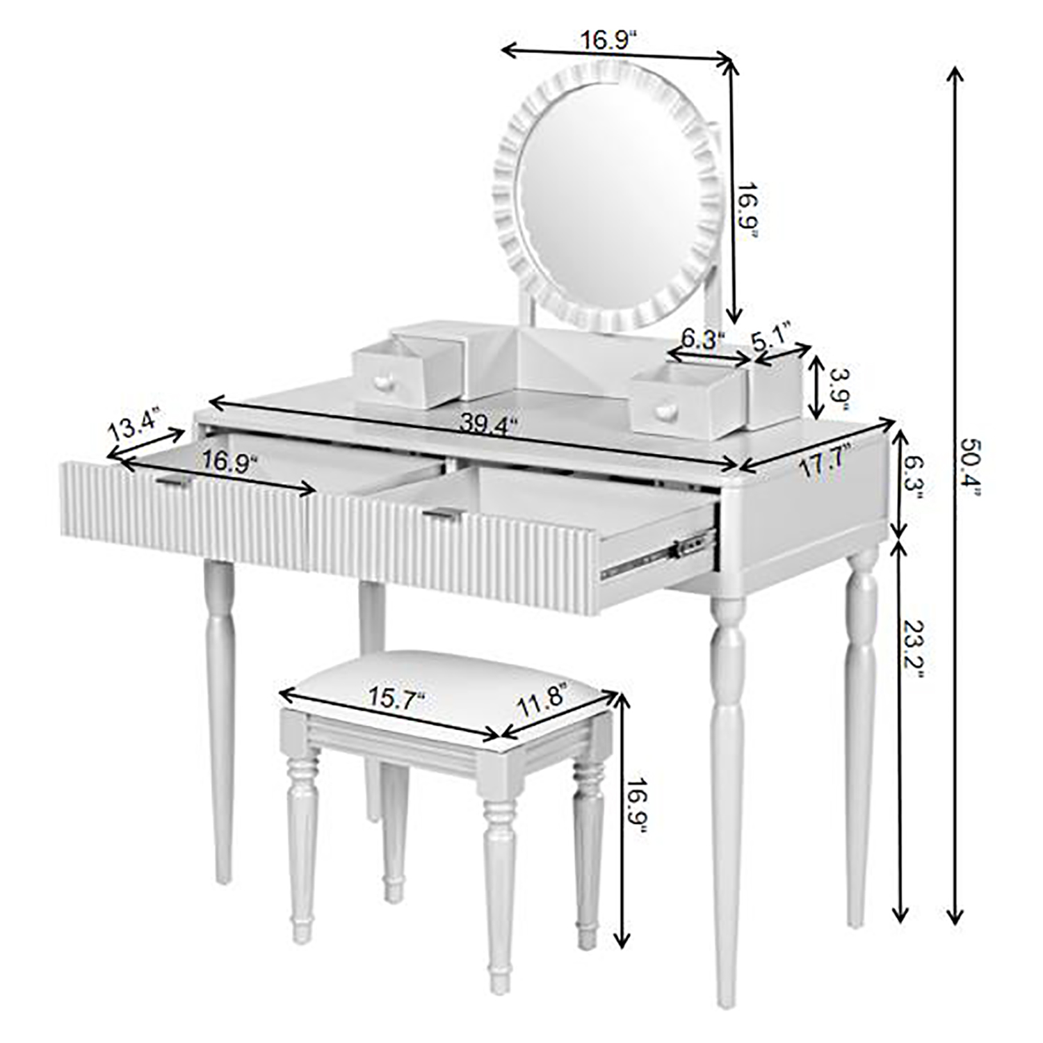 Homy Casa Makeup Vanity Table with Round Mirror, 4 Drawers & Stool, Silver