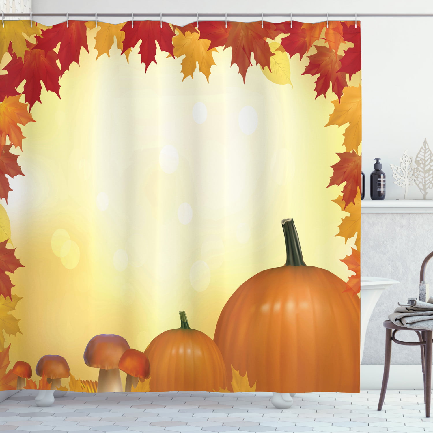 24 x 72 Harvest Kitchen Mats for Floor Pale Yellow Orange Red Mushrooms and Pumpkins with Autumn Tree Leaves Framework Bokeh Effect Area Rugs
