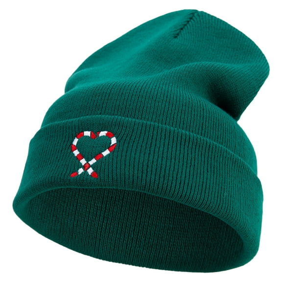 Candy Cane Embroidered 12 Inch Long Knitted Beanie - Dk Green OSFM