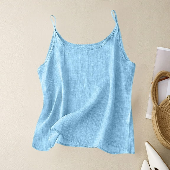 Delliss Women's Solid Color Camisole Cotton Linen Vest Top Crew Neck Sleeveless Tank Tops Blue XXXXXL