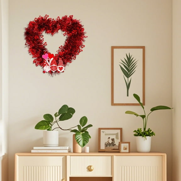 Tanjnj 13" Valentines Wreath for Front Door, Tinsel Heart Wreath for Indoor Outdoor Decorations, Valentines Day Heart Shaped Wreath Sign Wall Hanging Decor,A