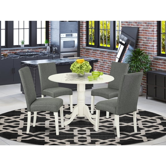 Round Kitchen Table Set 5pc 42" Table w/ Drop Leaves & 4 Parsons Chairs - Linen White Legs