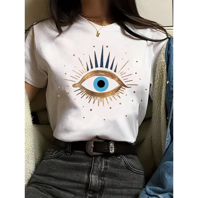 Fashionable Eye Print T-Shirt - Lightweight Crew Neck, Short Sleeve - Perfect for Spring & Summer - Womens Casual Wardrobe Staple
