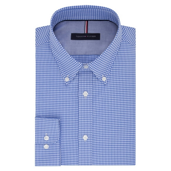 Tommy Hilfiger Men's Non Iron Slim Fit Gingham Buttondown Collar Dress Shirt, English Blue, 16.5" Neck 34"-35" Sleeve