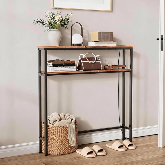 5.9" 2-Tier Skinny Behind Sofa Console Table with Charging Station, 39" Narrow Long Behind Couch Table with Power Outlets USB Ports Thin Entry Table for Entryway, Living Room, Hallway, Brown