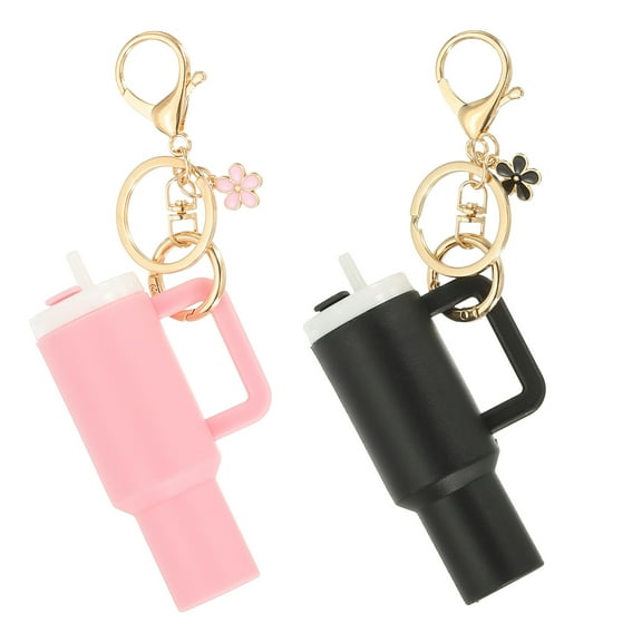 Uxcell Mini Cup Keychain, 2Pcs Mini Tumbler Keychain Lip Balm Holder Cute Cup Charm for Women Handbags Backpack, Pink, Black Flower