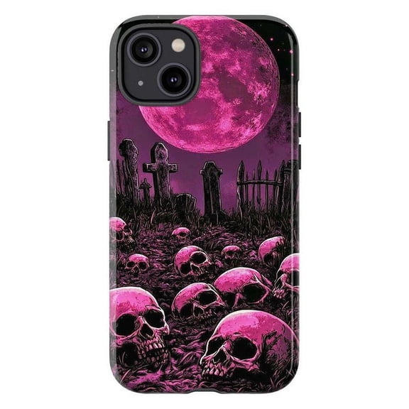 Gothic Skull Phone Case with Pink Moon, Horror Graveyard Aesthetic Protective Cover, Spooky Halloween Creepy Goth Case for iPhone 16 15 14 13 12 11 Pro Max Mini Plus