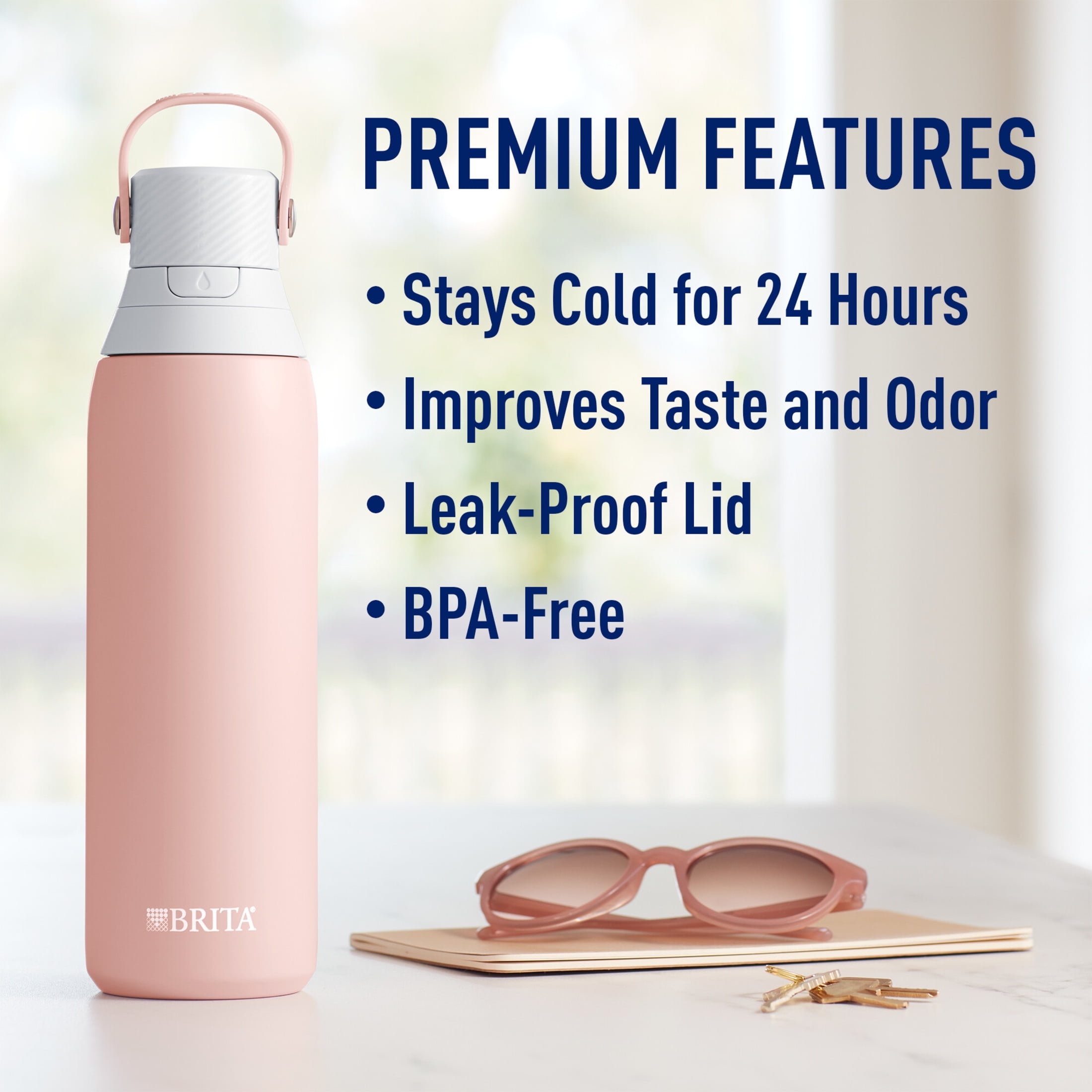 Brita 20 oz Rose Premium Stainless Steel Leak Proof Filtered Insulated Water Bottle with Straw