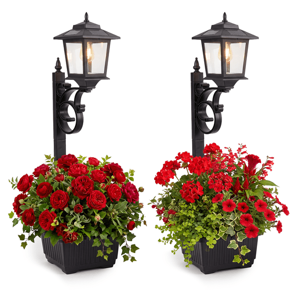 2-Pack Solar Lamp Post Lights with Planters, Floor or Wall-Mount Outdoor Lights for Patio, Lawn and Entryway, IP44