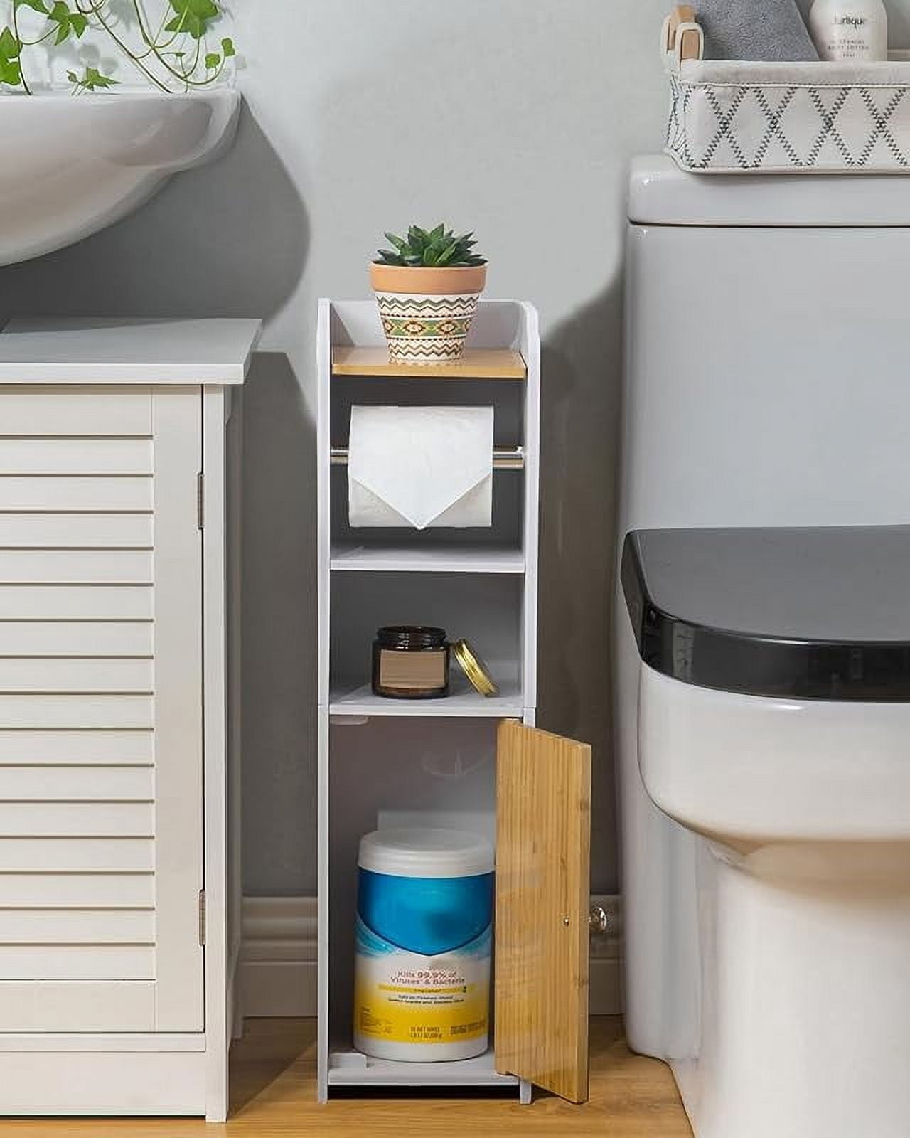 Toilet Paper Holder Stand: Bathroom Storage Cabinet Beside Toilet for Small Space Bathroom with Toilet Roll Holder - White