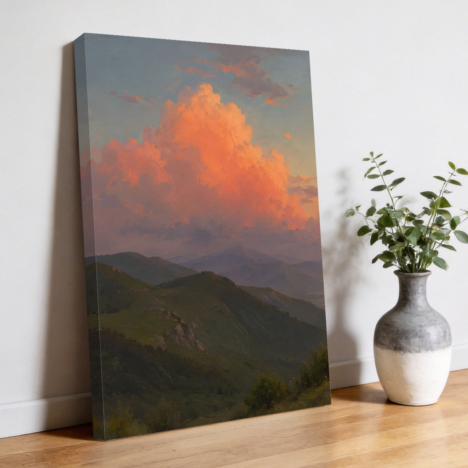 Orange Clouds Canvas Wall Art Gray Green Mountain Peaks Valleys Forest Rustic Pictures Wall Decor Wooden Framed Artwork Art Prints for Living Room Hallway Bedroom Office 16 x20