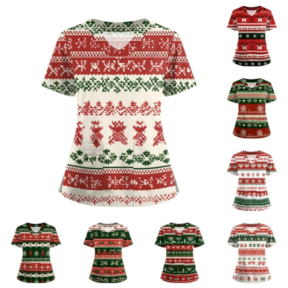 Garbnen Scrubs Tops Christmas Scrubs Tops for Women Short Sleeve V Neck Xmas Print Nurses Working Uniforms with Pockets
