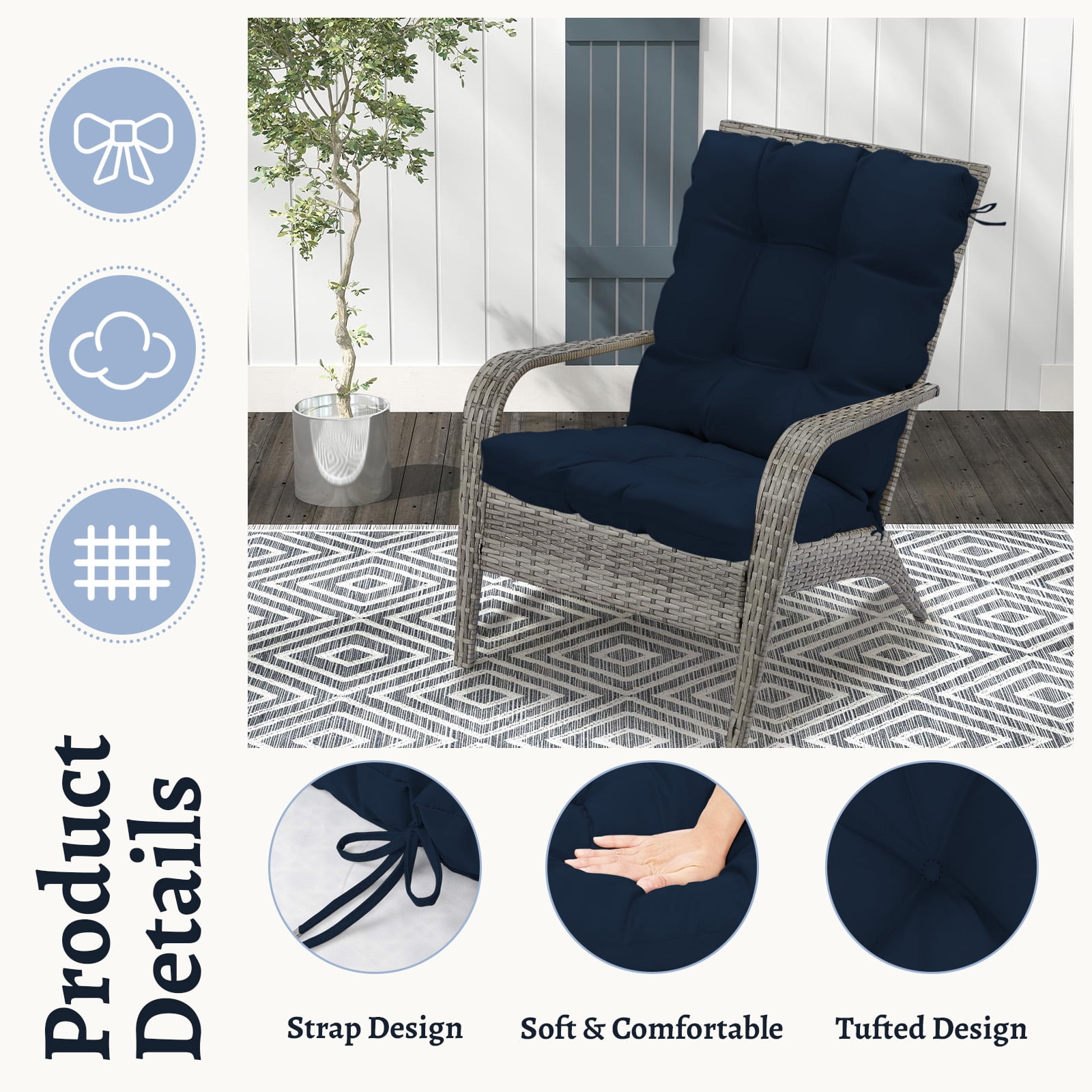 Outdoor High Back Chair Cushions Set of 2, 42"x21"x4" Tufted Waterproof Patio Cushion for Rocking & Dining Chairs, Soft Seat Pad with Ties, Fade-Resistant Indoor Outdoor Use