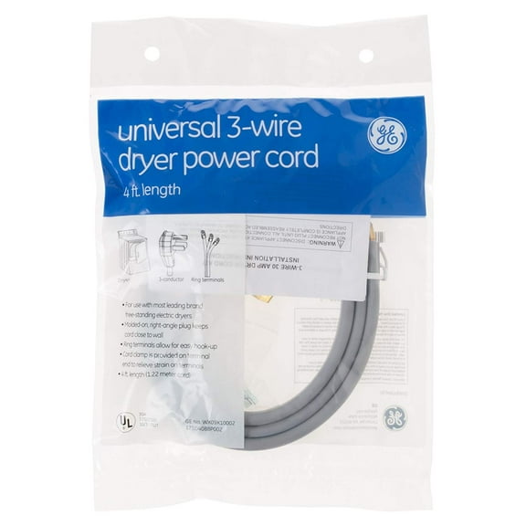 General Electric WX09X10002 3 Wire 30amp Dryer Cord, 4-Feet