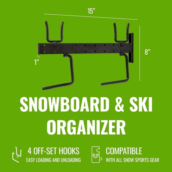 Horizontal Wall Mount Ski & Snowboard Storage Rack, Holds 4 Pairs of Skis, Tool-Free Adjustability