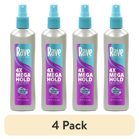 (4 pack) Rave 4X Mega Hold Non-Aerosol Hair Spray, All-Weather Protection with Vitamin-Rich Formula, 11 oz